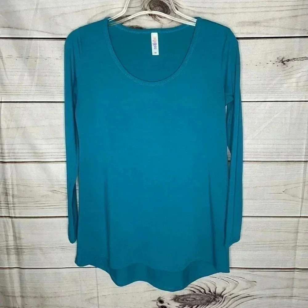 LuLaRoe‎ Tunic Top Women XS Teal Blue Long Sleeve Scoop Neck High-Low Hem Solid